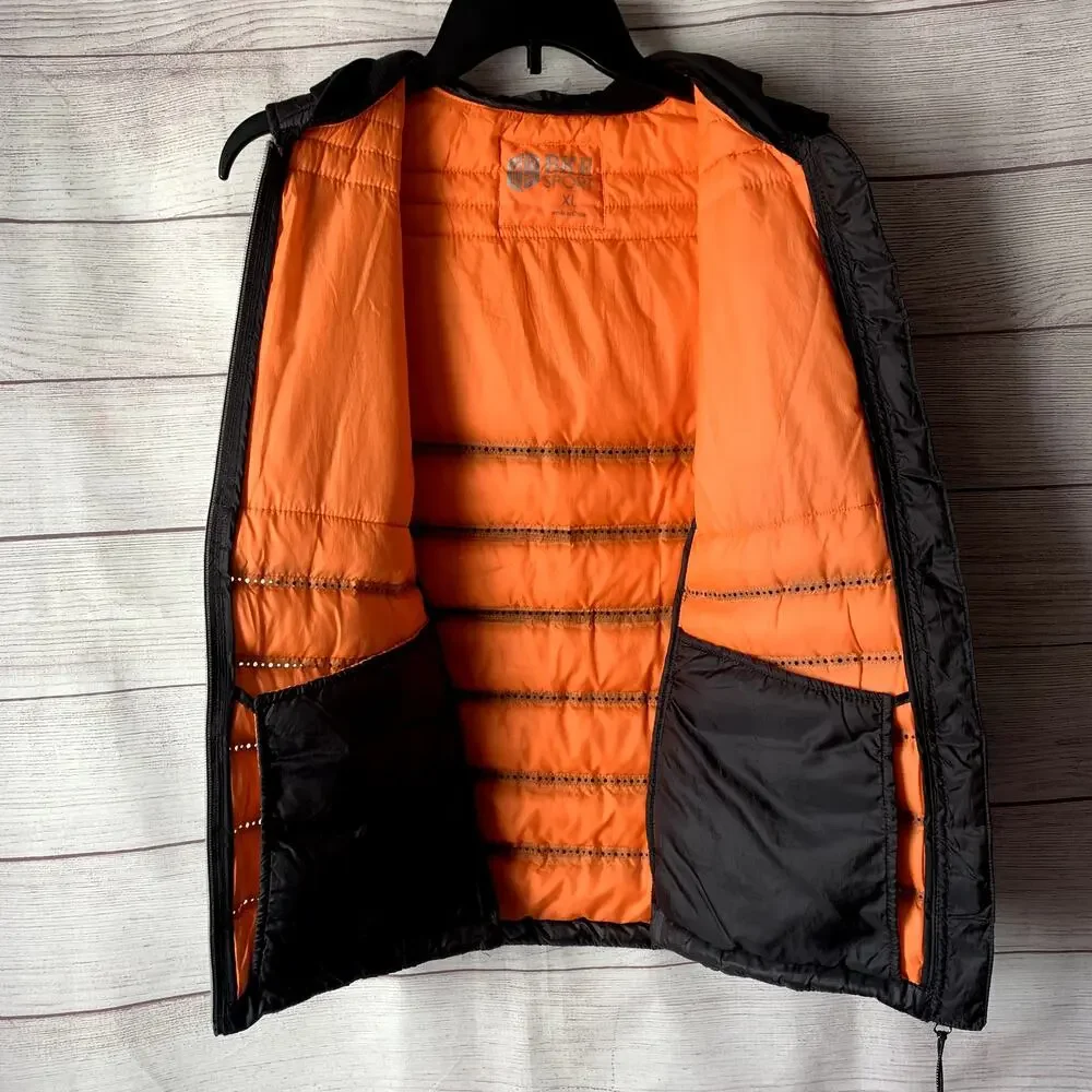 BKE Sport Black Quilted Puff Vest Zip Up Hood Orange Interior Size XL